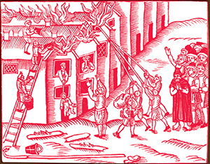 A fire in Tiverton in Devon, England, 1612. From Adrian Tinniswood, <i>By Permission of Heaven: The Story of the Great Fire of London </i>(London: Jonathan Cape, 2003), pp. 76–77.