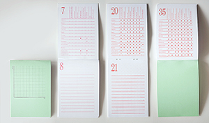 Conference booklet, mimeographed in red, A6 format. Each page represents an age from 6 to 35, with corresponding legal abilities. Design Roman Gornitsky and Ruben Pater.