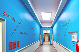 <i>Maas Paradox</i> exhibition, hallway of Bureau Europa. Photo: Johannes Schwartz.