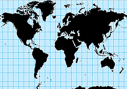 Mercator projection, drawn in 1569 by Gerardus Mercator. Still used by Google maps, Apple maps, and Bing maps.