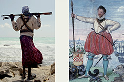 Left: Somali pirate 2010. Right: Dutch pirate Willem II van der Marck Lumey, leader of the Sea Beggars (1542-1578)